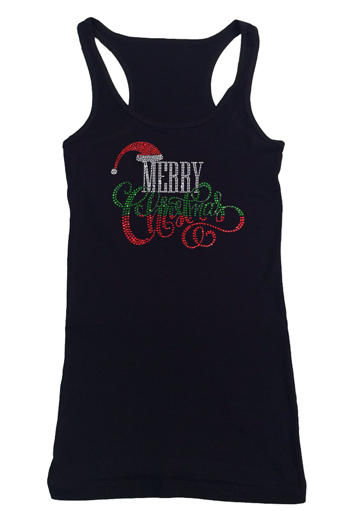 Womens T-shirt with Merry Christmas with Santa Hat in Rhinestones