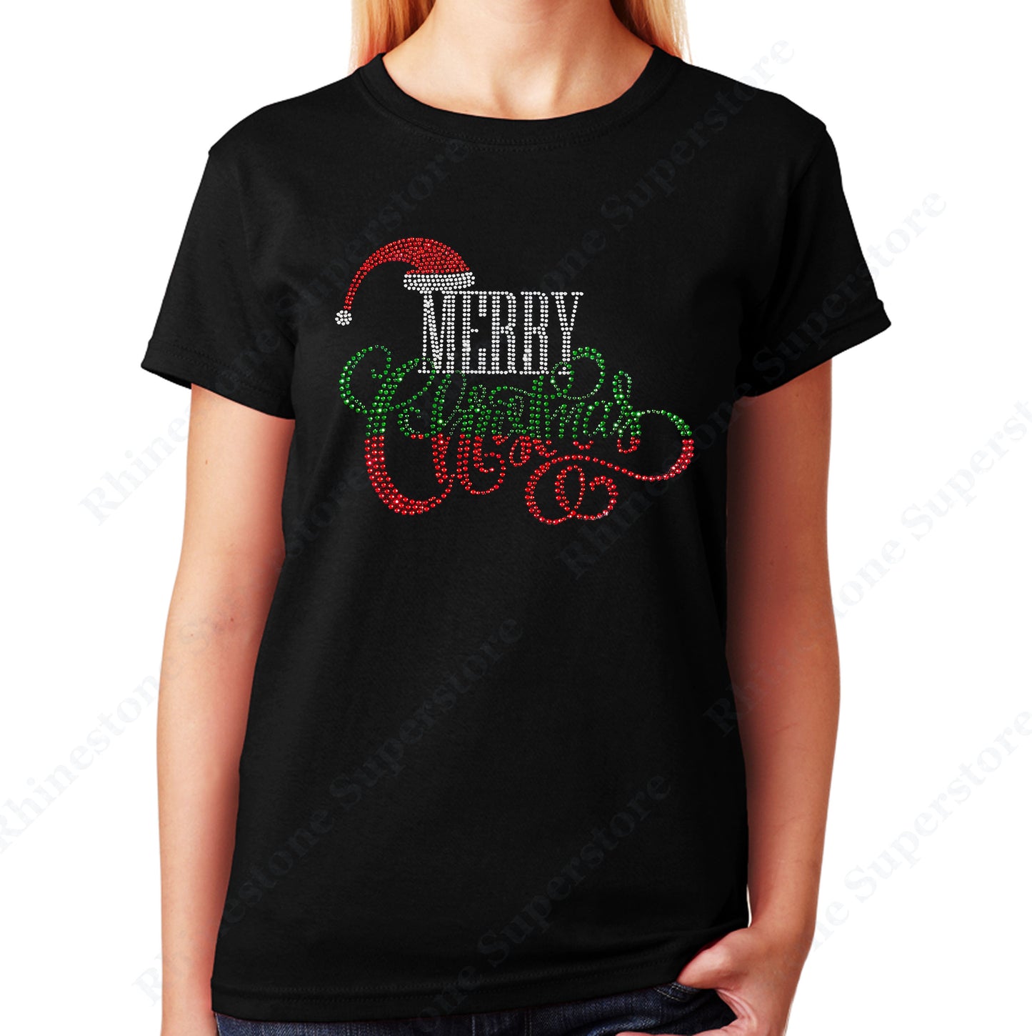 Unisex T-Shirt with Merry Christmas With Santa Hat in Rhinestones