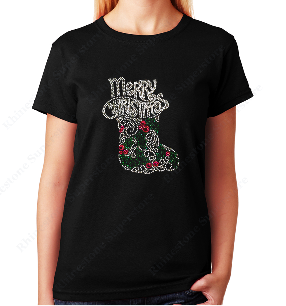 Women Unisex T-Shirt with Merry Christmas with Stocking in Rhinestones Crew Neck