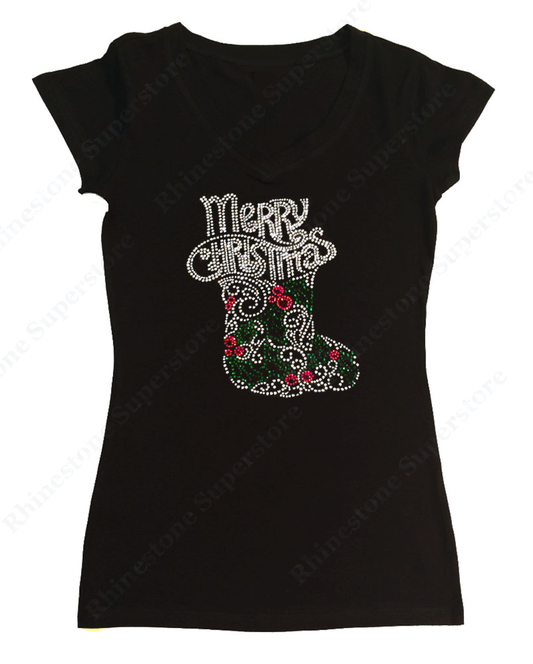Womens T-shirt with Merry Christmas with Stocking in Rhinestones