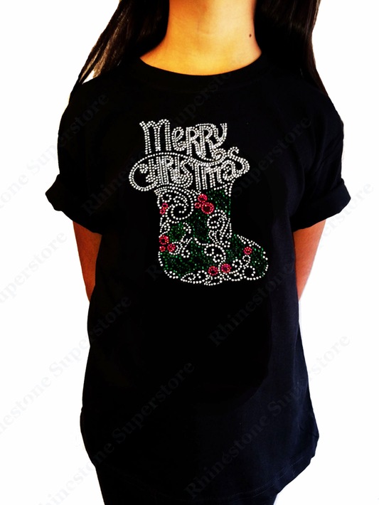 Girls Rhinestone T-Shirt " Merry Christmas with Stocking " Size 3 to 14 Available