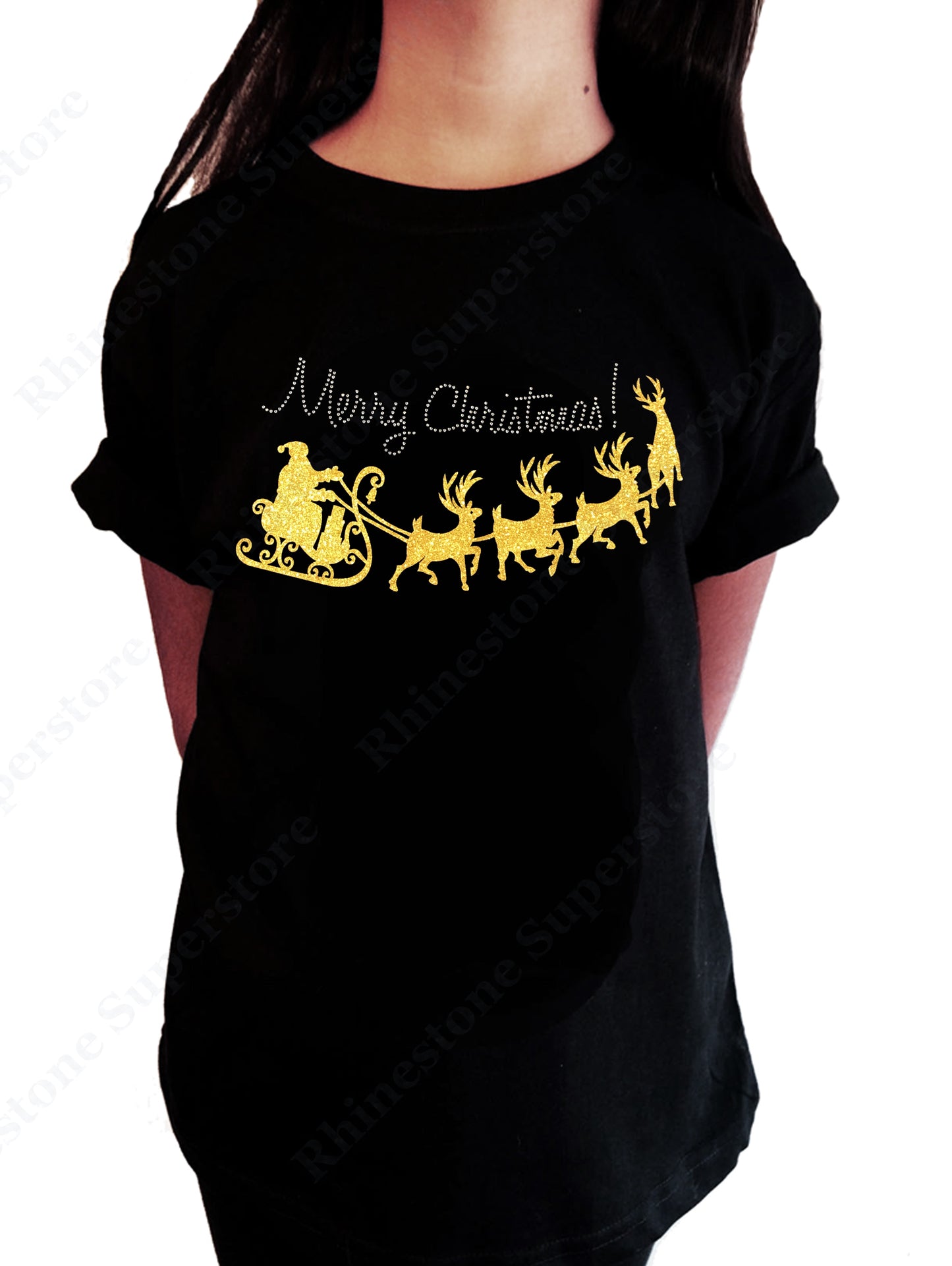 Merry Christmas with Yellow Santa Sleigh in Glitters and Rhinestones Girls