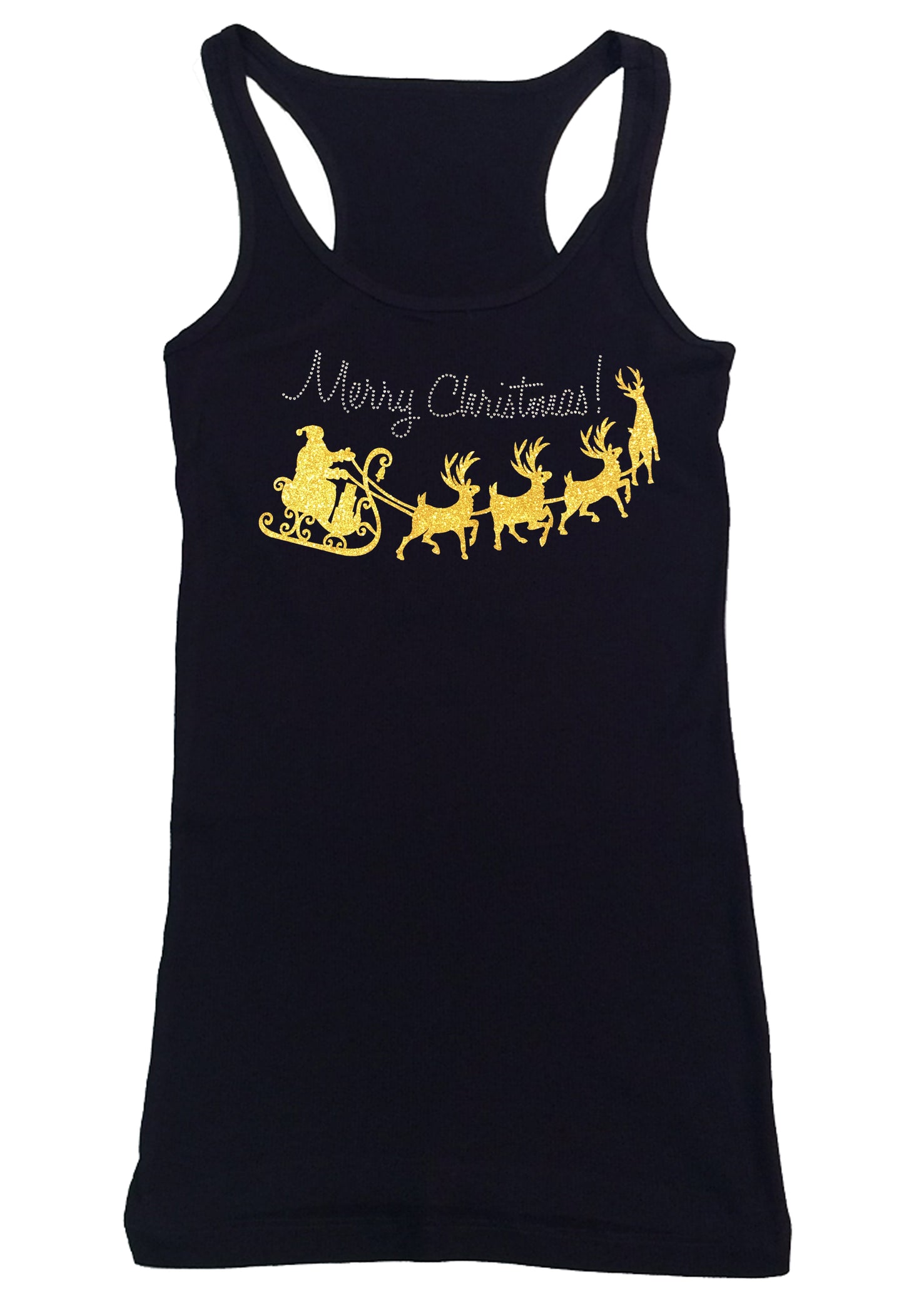 Womens T-shirt with Merry Christmas with Yellow Santa Slay in Glitters and Rhinestones