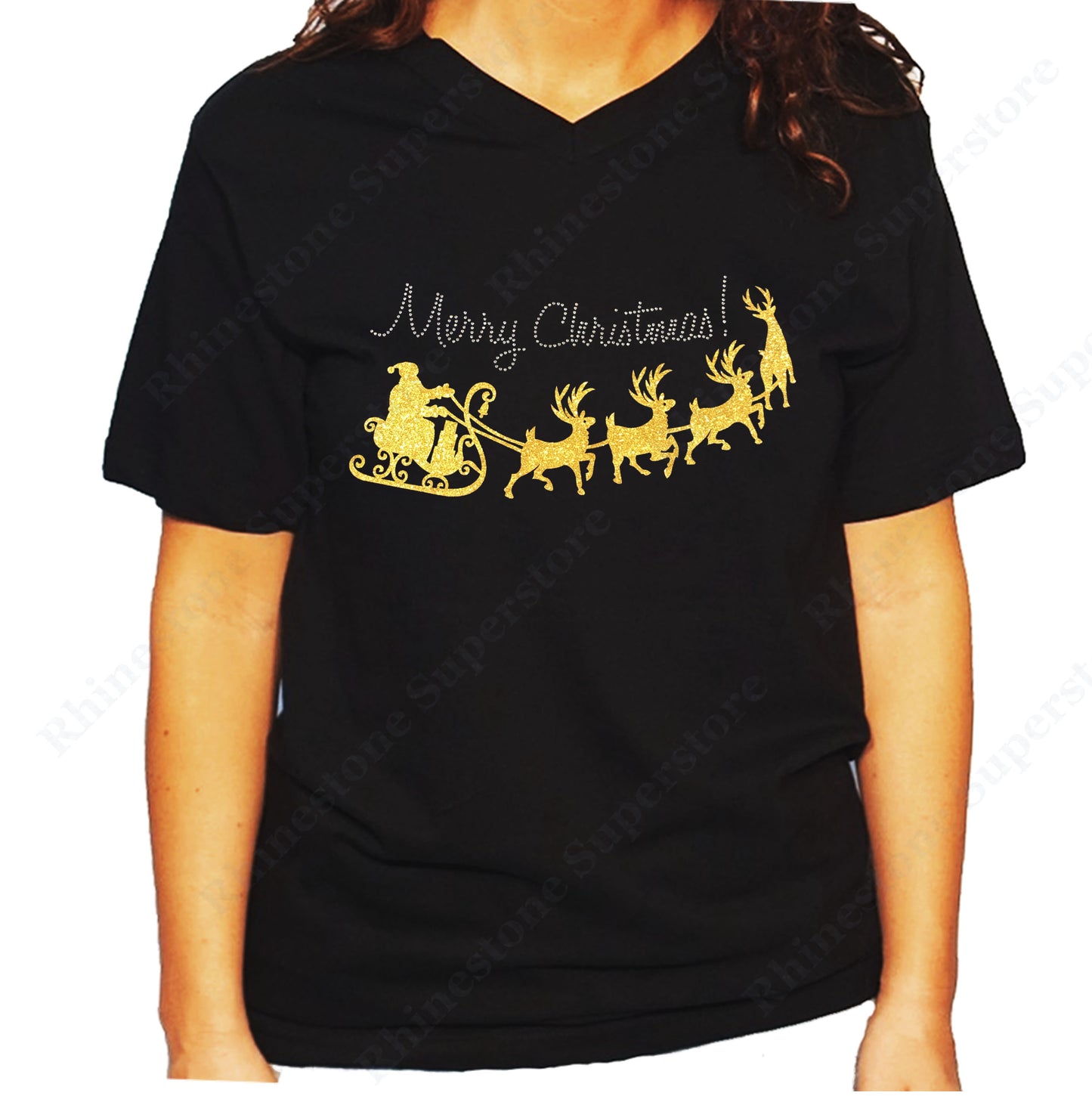 Women's / Unisex T-Shirt with Merry Christmas with Yellow Santa Sleigh in Glitters and Rhinestones