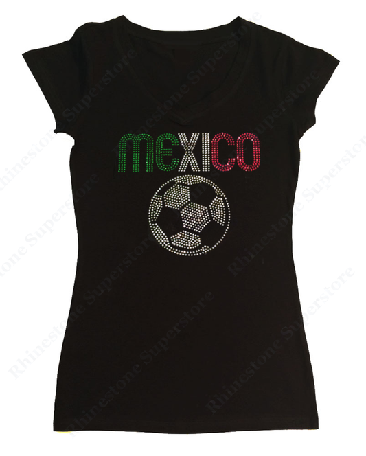 Womens T-shirt with Mexico with Soccer Ball in Rhinestones