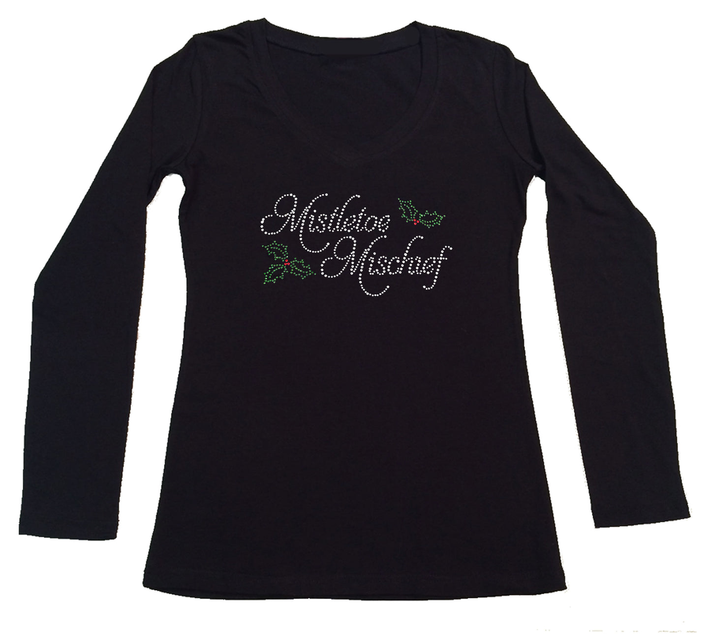 Womens T-shirt with Mistletoe Mischief Christmas in Rhinestones