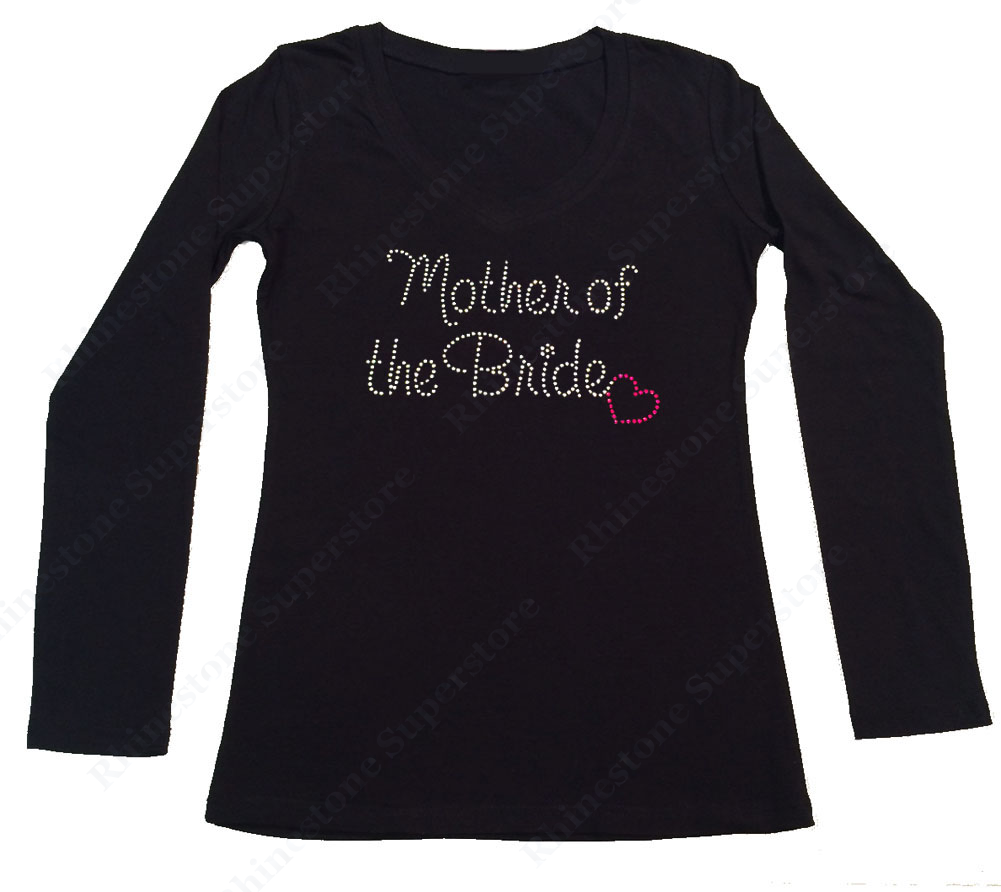 Womens T-shirt with Mother of the Bride with Pink Heart in Rhinestones