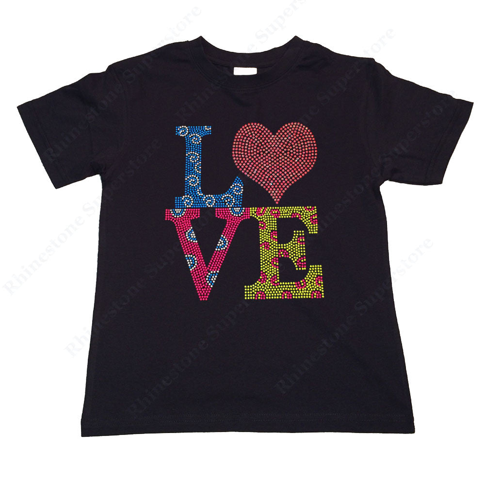 Girls Rhinestone T-Shirt " Multi-Color Love " Kids Size 3 to 14 Available