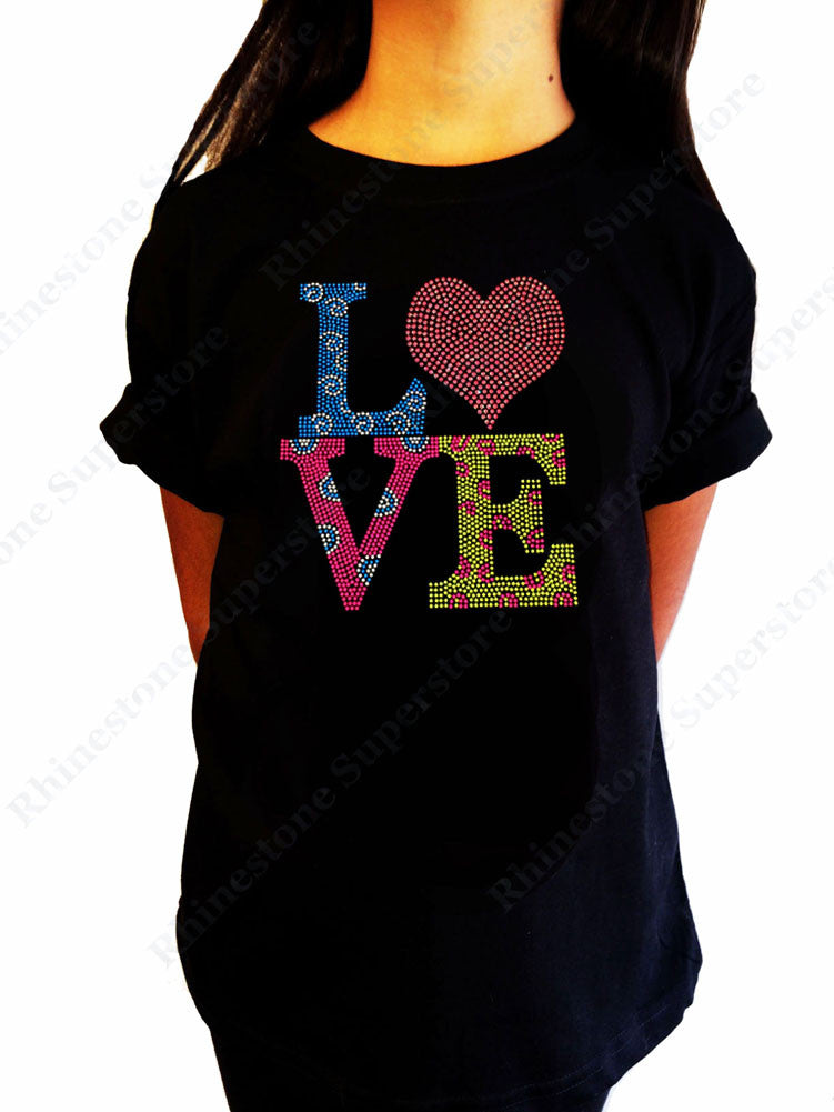 Girls Rhinestone T-Shirt " Multi-Color Love " Kids Size 3 to 14 Available