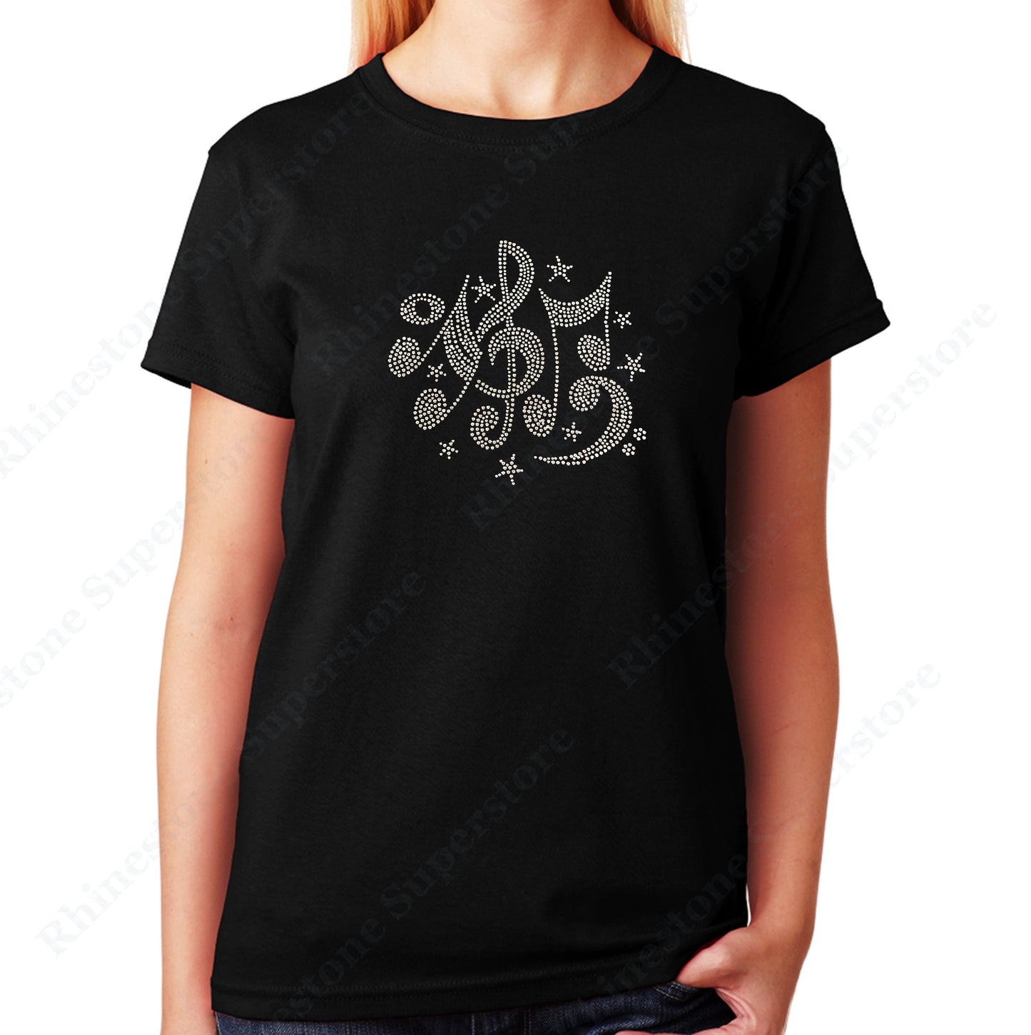 Women's / Unisex T-Shirt with Music Notes and Stars in Rhinestones