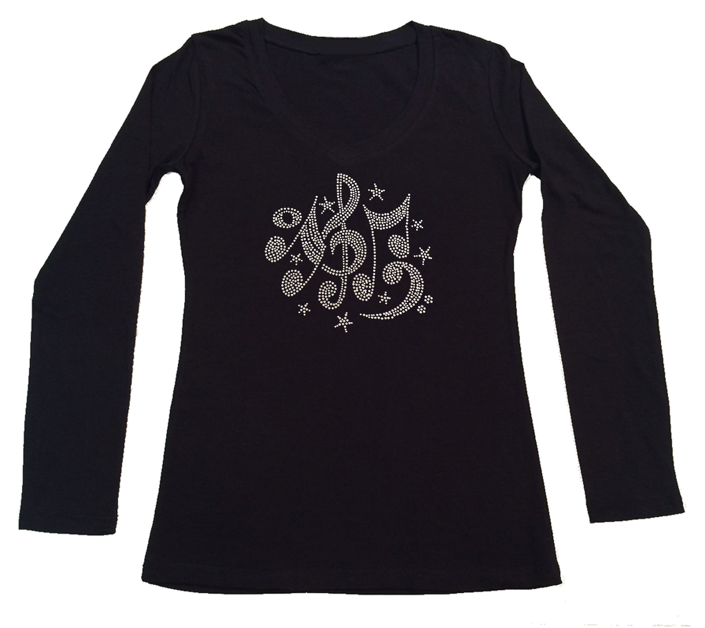 Womens T-shirt with Music Notes and Stars in Rhinestones