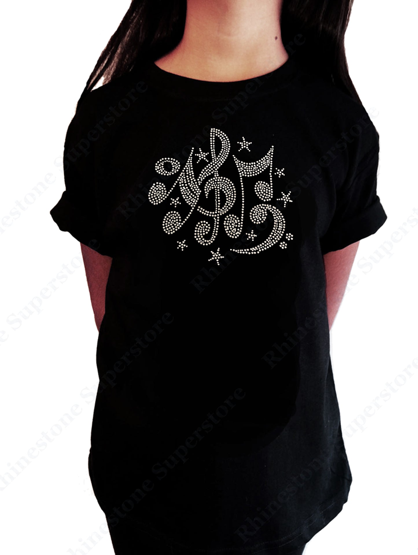 Girls Rhinestone T-Shirt " Music Notes and Stars " Kids Size 3 to 14 Available