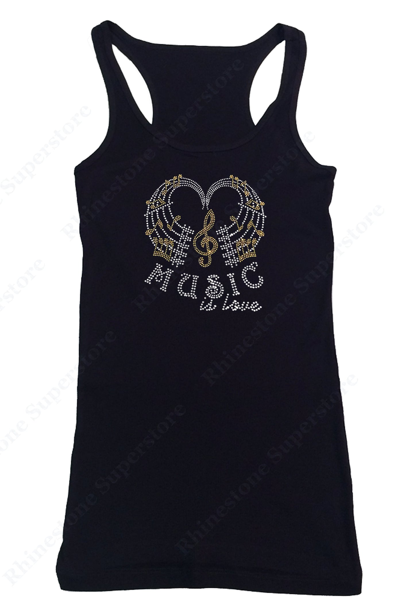 Womens T-shirt with Music is Love with Music Notes in Rhinestones
