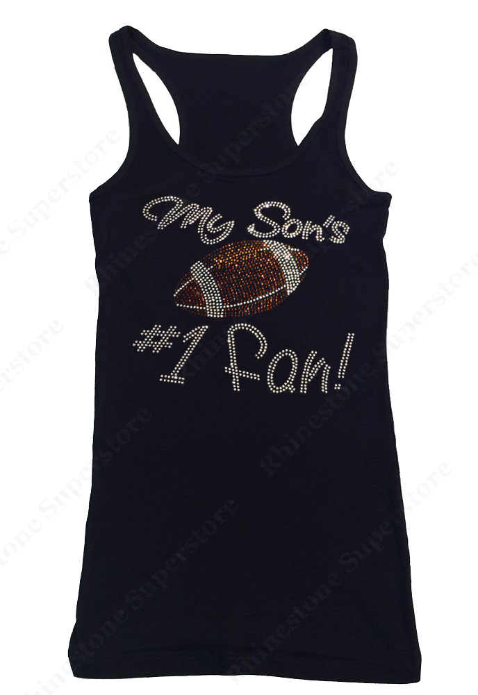 Womens T-shirt with My Son's #1 Fan with Football in Rhinestones