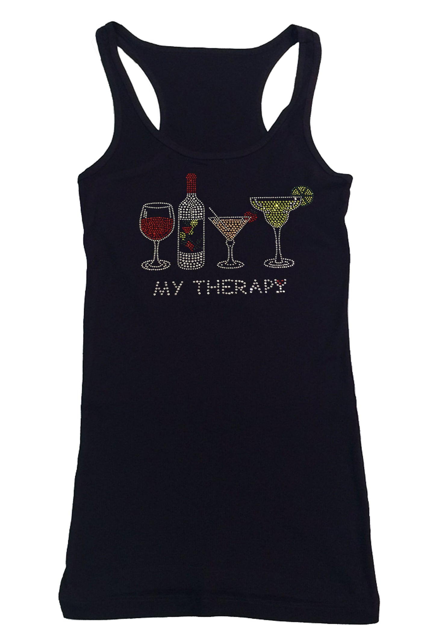 Womens T-shirt with My Therapy - Wine Bottle - Drinks in Rhinestones