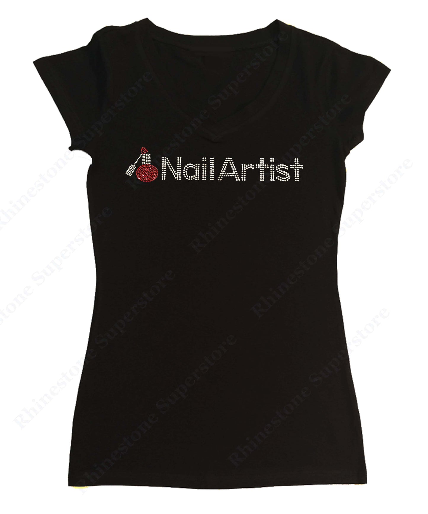 Womens T-shirt with Nail Artist with Nail Polish Bottle in Rhinestones