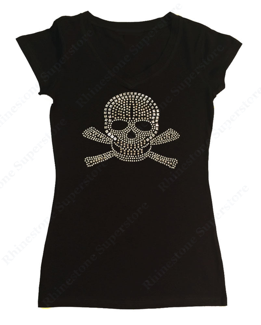 Womens T-shirt with Skull in Rhinestuds and Nail Heads