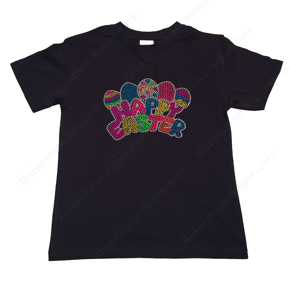 Girls Rhinestone &  Rhinestud T-Shirt " Neon Happy Easter Eggs " Size 3 to 14 Available