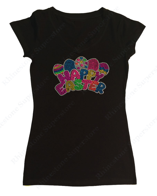 Womens T-shirt with Neon Happy Easter with Easter Eggs in Rhinestones and Rhinestuds