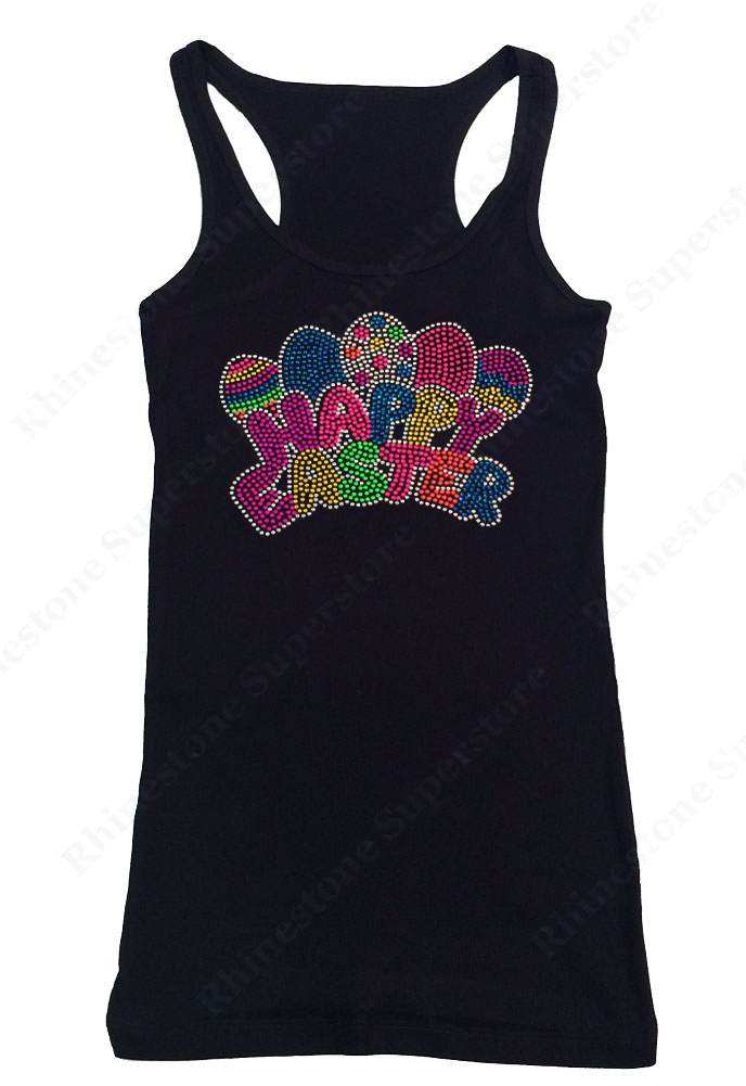 Womens T-shirt with Neon Happy Easter with Easter Eggs in Rhinestones and Rhinestuds