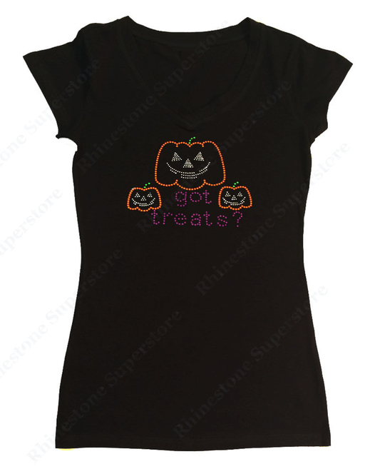 Womens T-shirt with Neon Pumkins Got Treats in Rhinestuds