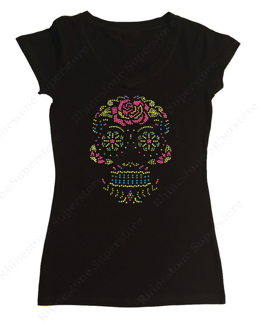 Womens T-shirt with Neon Sugar Skull with Black Outline in Rhinestuds