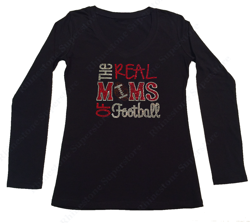 Womens T-shirt with New Real Moms of Football in Rhinestones
