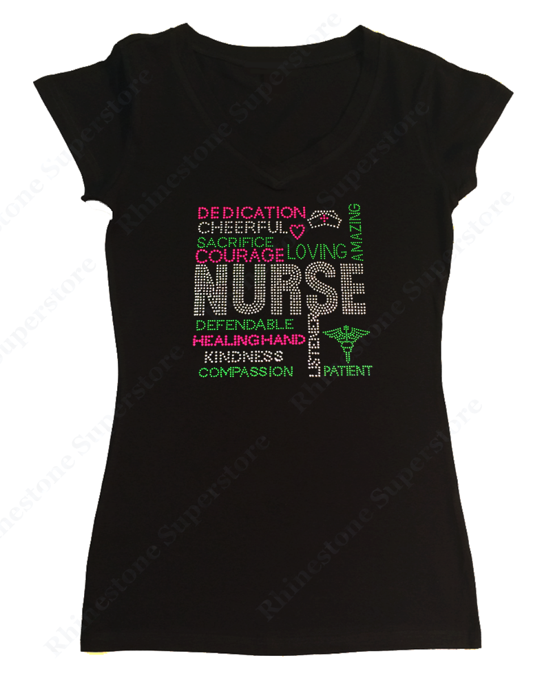 Womens T-shirt with Nurse in Rhinestones
