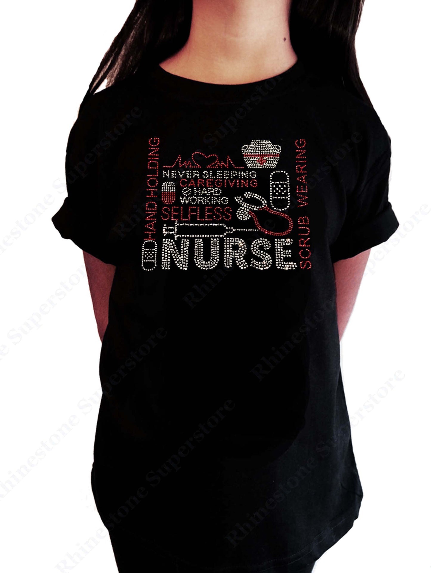 Girls Rhinestone T-Shirt " Nurse " Kids Size 3 to 14 Available
