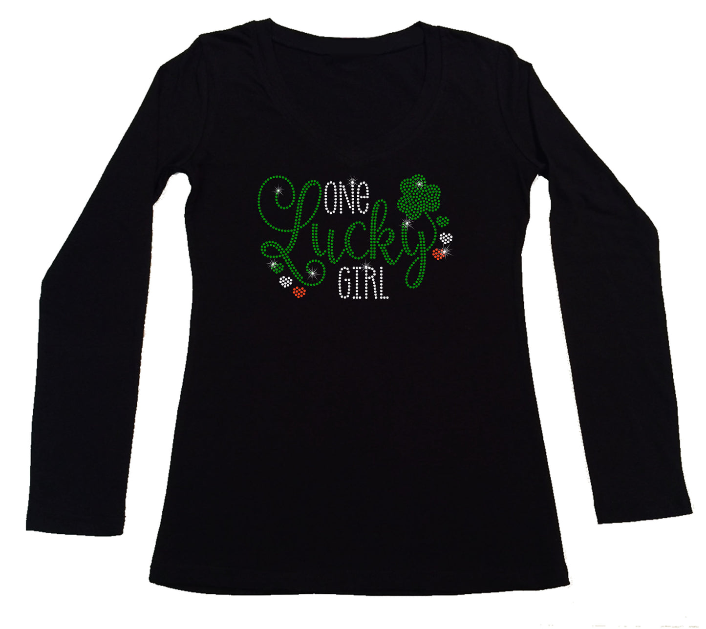 Women's Rhinestone Fitted Tight Snug Shirt One Lucky Girl with Clover - St. Patrick's Day Shirt