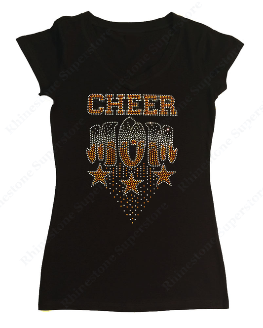 Womens T-shirt with Orange Cheer Mom with Stars in Rhinestones