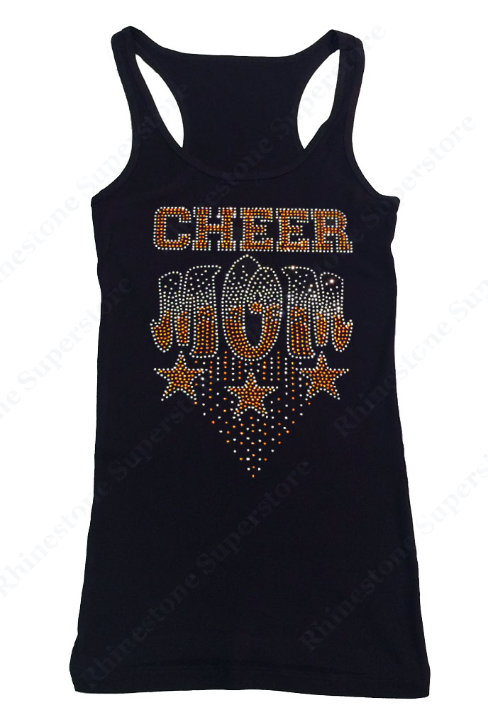 Womens T-shirt with Orange Cheer Mom with Stars in Rhinestones