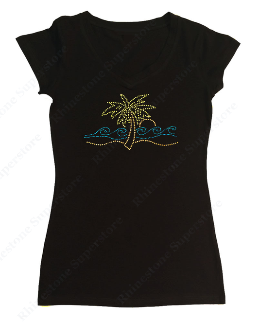 Womens T-shirt with Palm Tree and Surf in Rhinestones