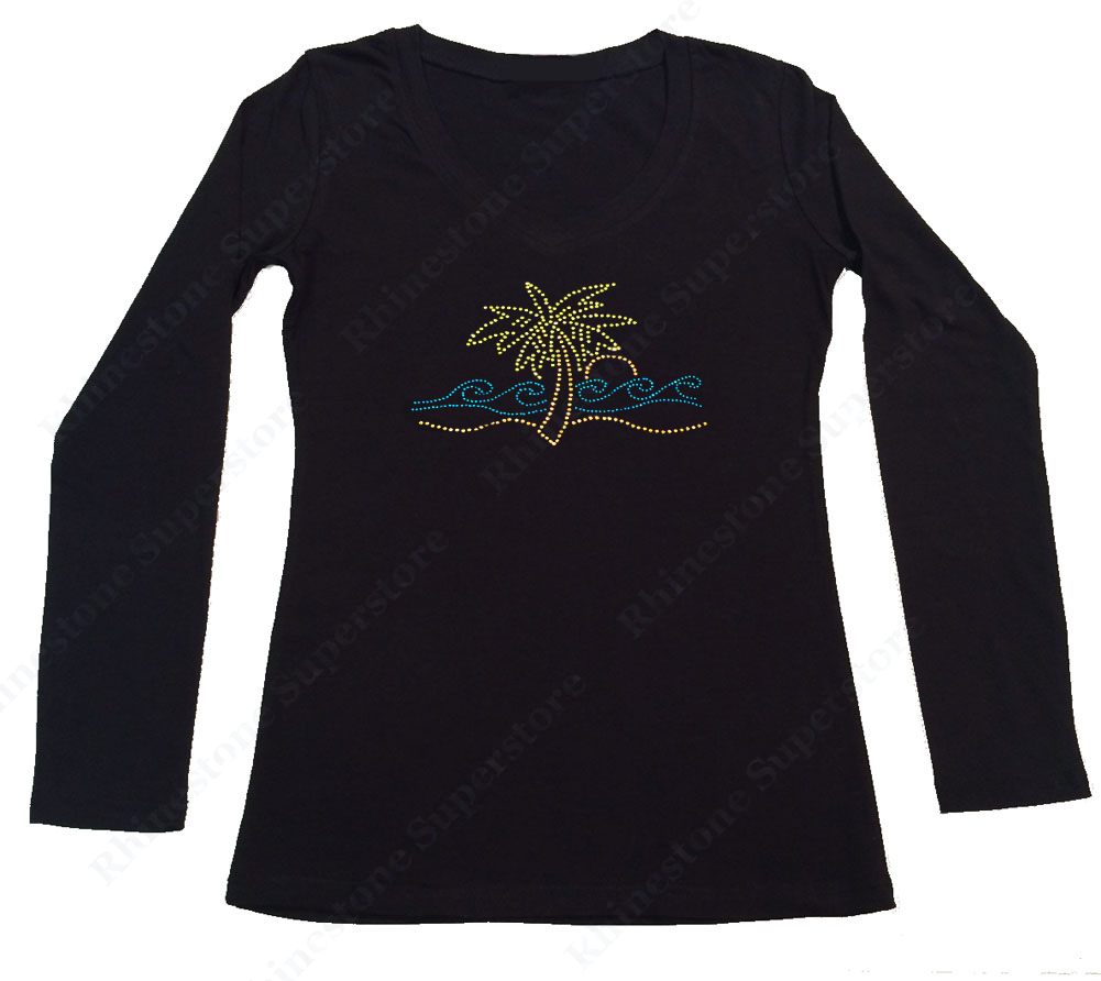 Womens T-shirt with Palm Tree and Surf in Rhinestones