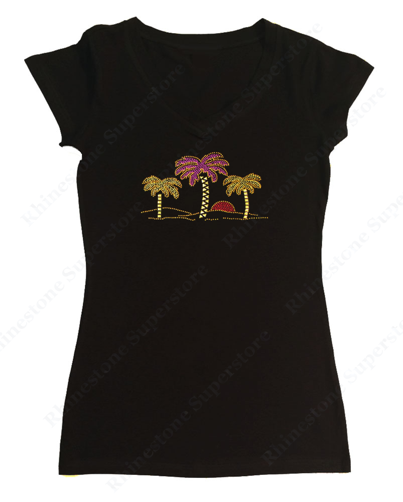 Womens T-shirt with Palm Trees and Sunset in Rhinestuds