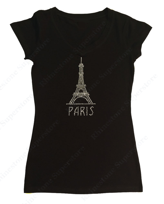 Womens T-shirt with Paris Eiffel Tower in Rhinestones