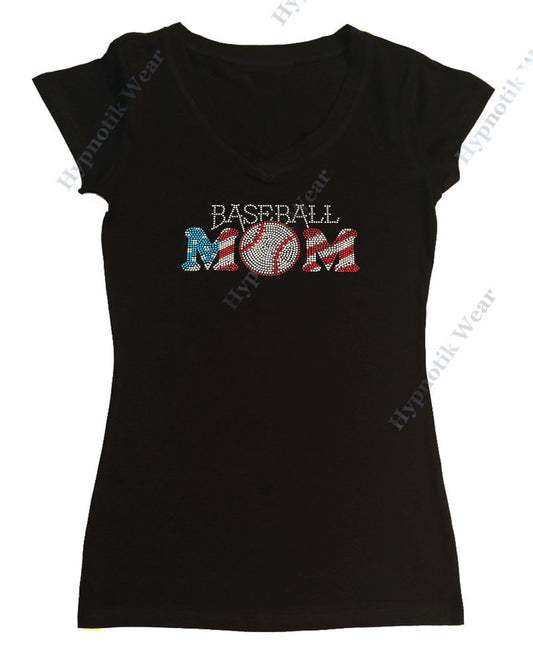 Womens T-shirt with Patriotic Baseball Mom in Rhinestones