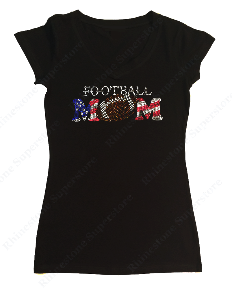 Womens T-shirt with Patriotic Football Mom in Rhinestones