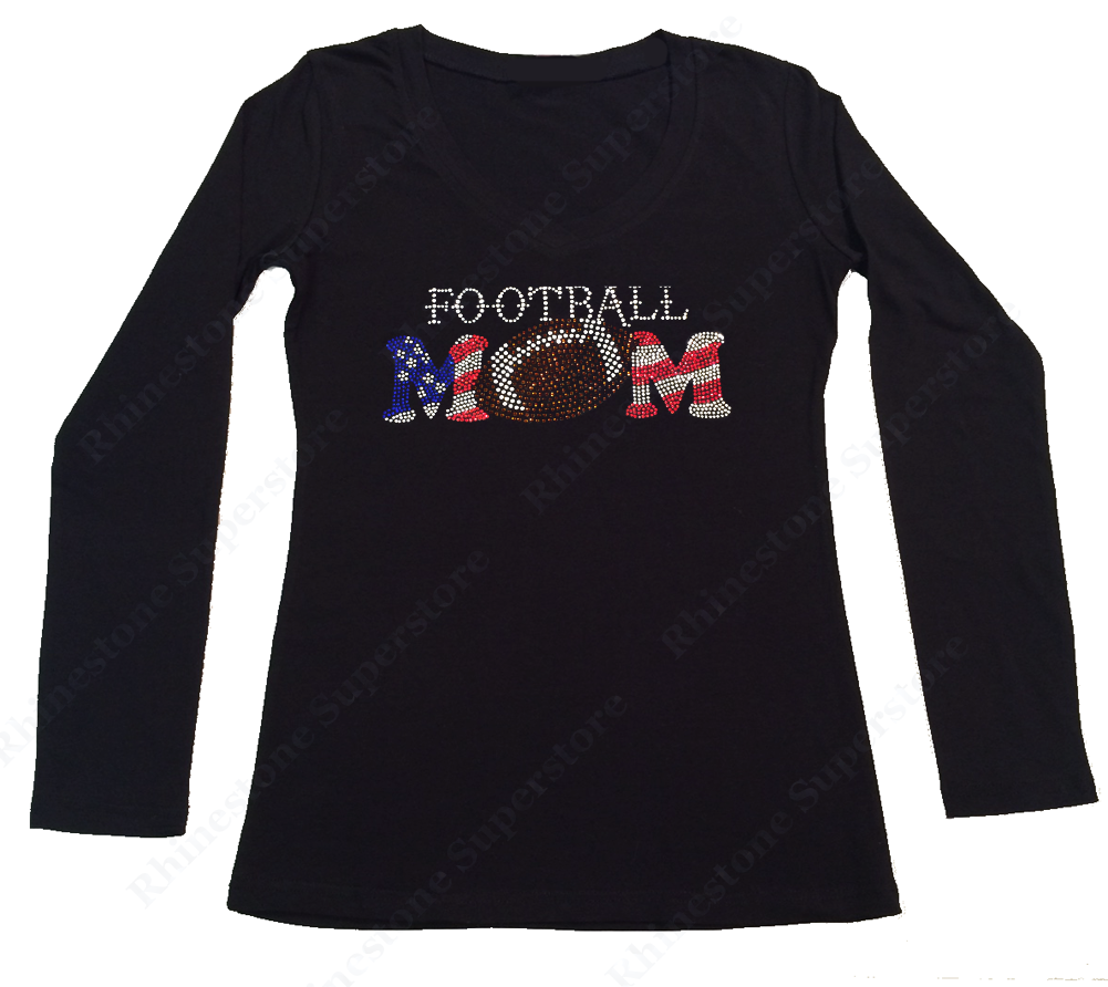 Womens T-shirt with Patriotic Football Mom in Rhinestones
