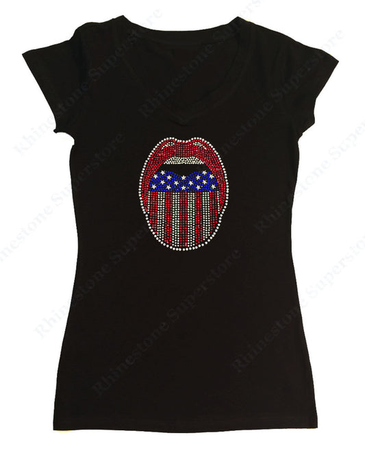 Womens T-shirt with Patriotic Lips 4th of July in Rhinestones