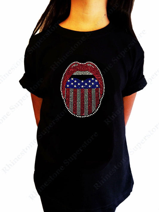 Girls Rhinestone T-Shirt " Patriotic Lips 4th of July " Kids Size 3 to 14 Available