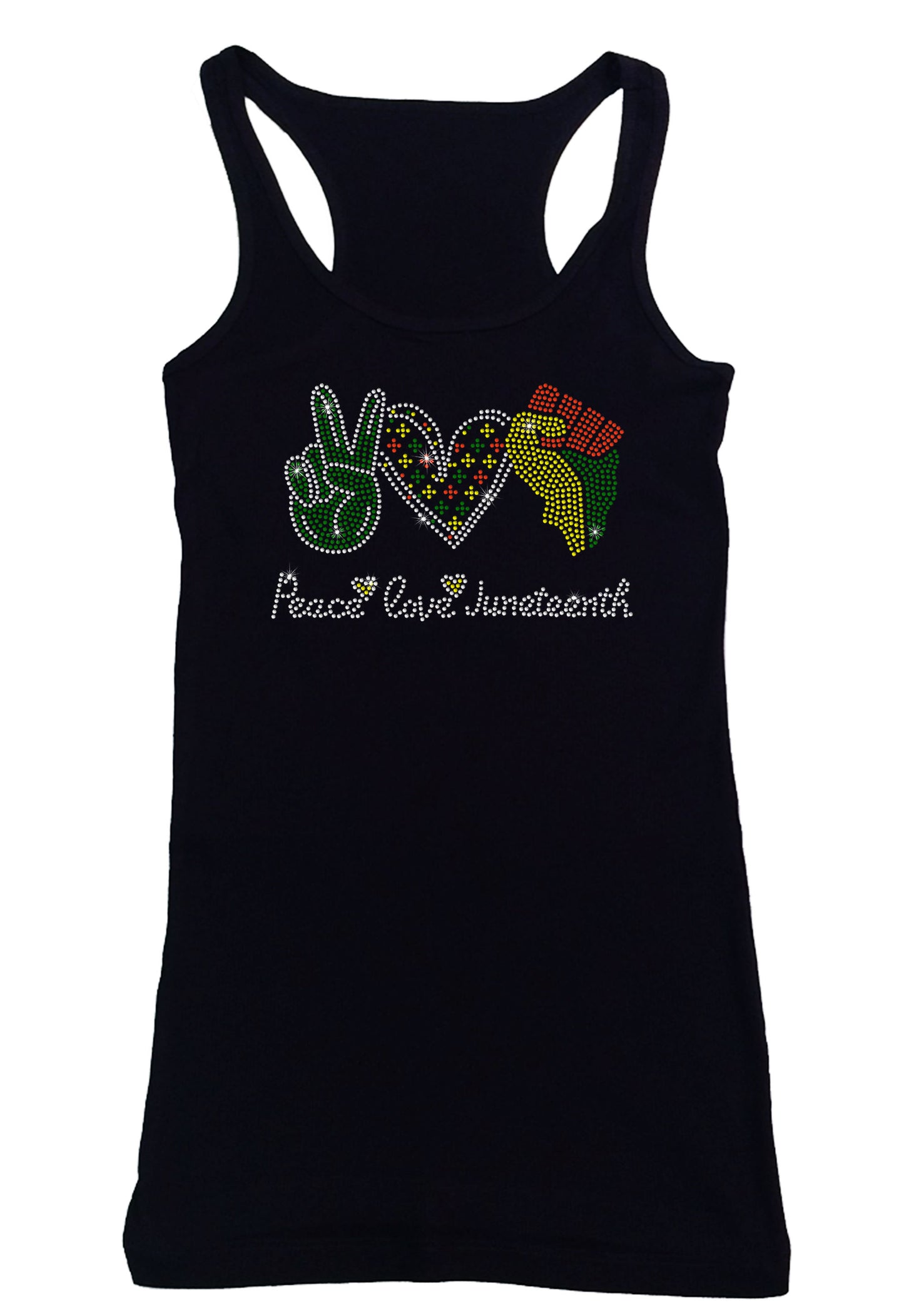 Women's Rhinestone Fitted Tight Snug Peace Love Juneteenth - Peace Sign, Heart, Fist, Juneteenth Shirt