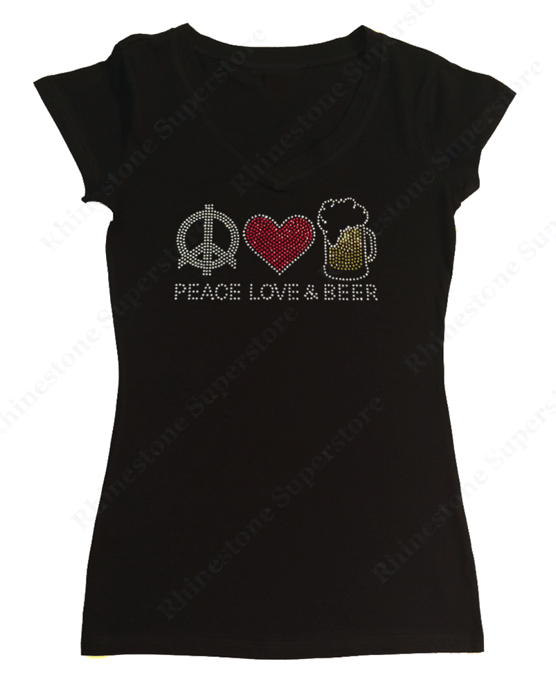 Womens T-shirt with Peace Love Beer in Rhinestones