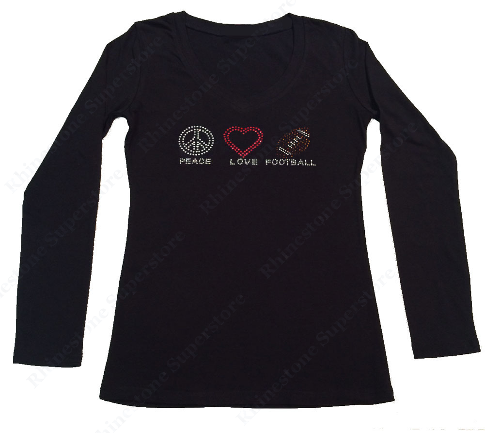 Womens T-shirt with Peace Love Football in Rhinestones