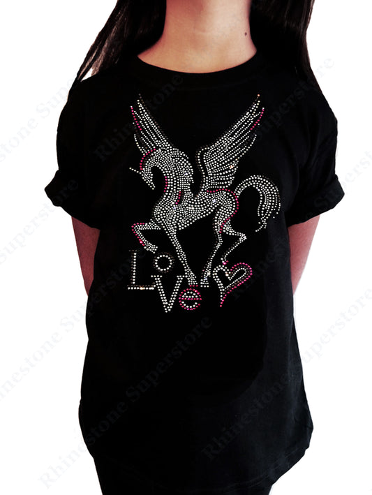 Girls Rhinestone T-Shirt " Pegasus with Love in Rhinestones " Kids Size 3 to 14 Available