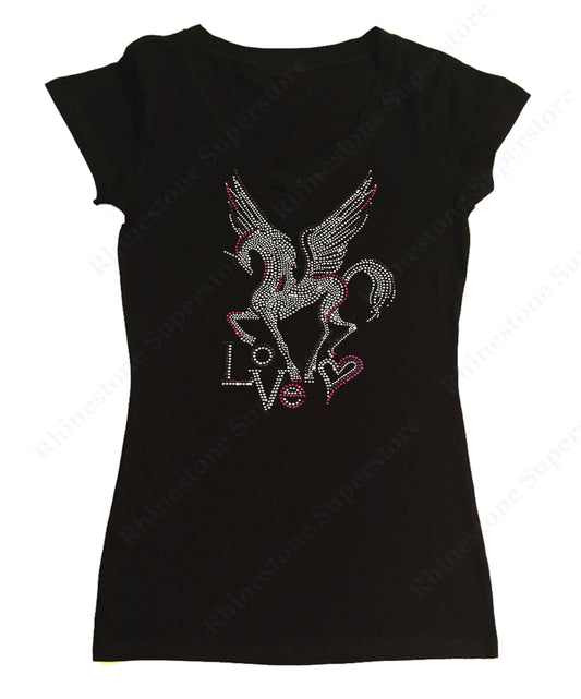 Womens T-shirt with Pegasus with Love in Rhinestones