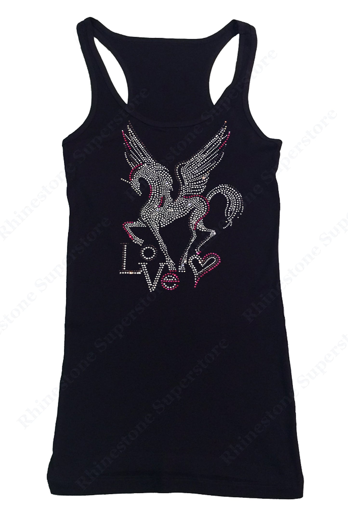 Womens T-shirt with Pegasus with Love in Rhinestones