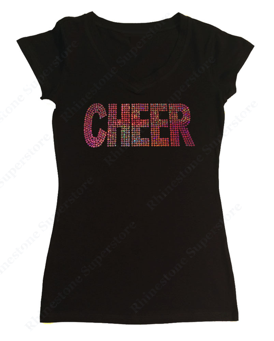 Womens T-shirt with Cheer in Pink AB Sequence
