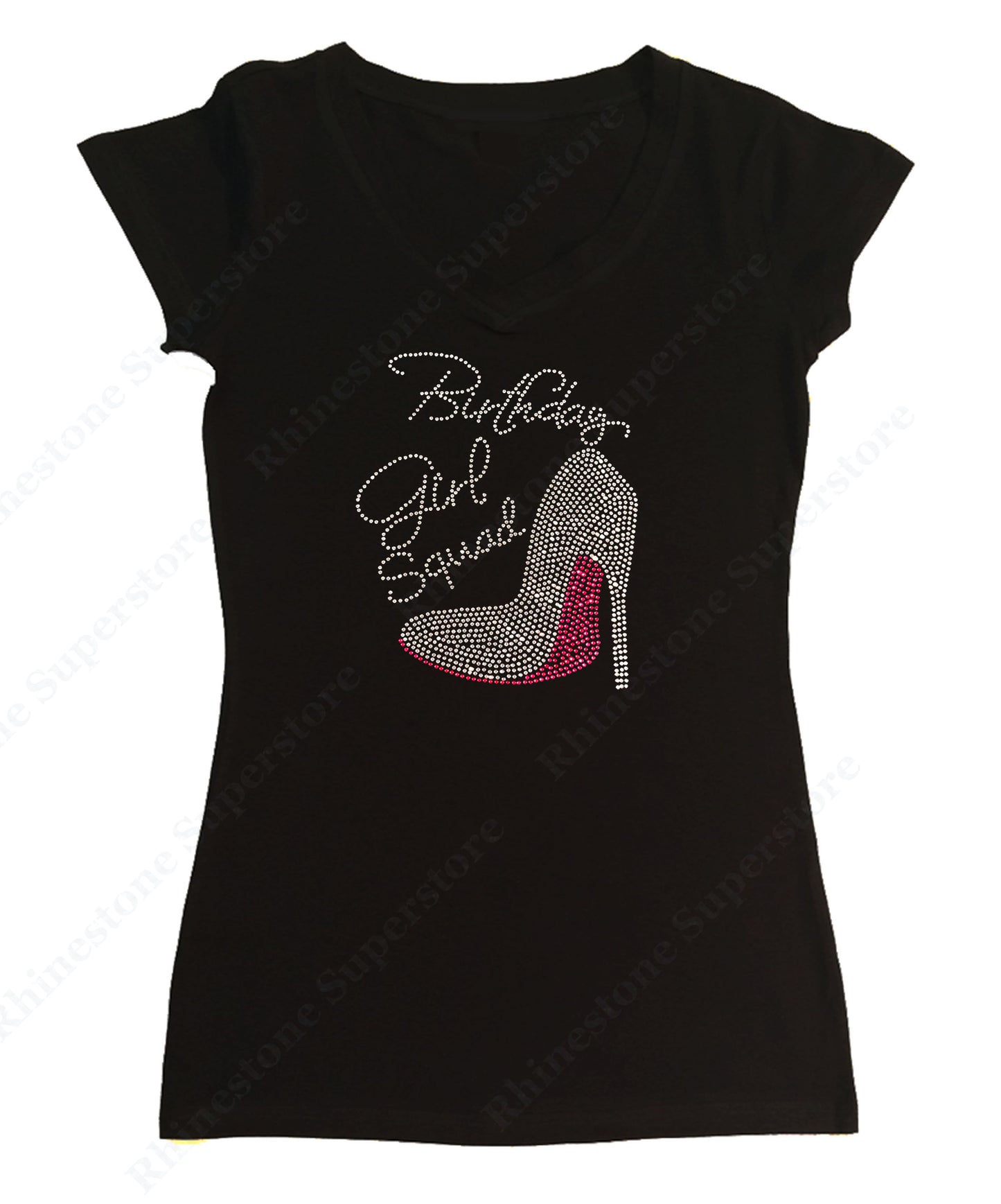 Womens T-shirt with Pink Birthday Girl Squad with Heel in Rhinestones