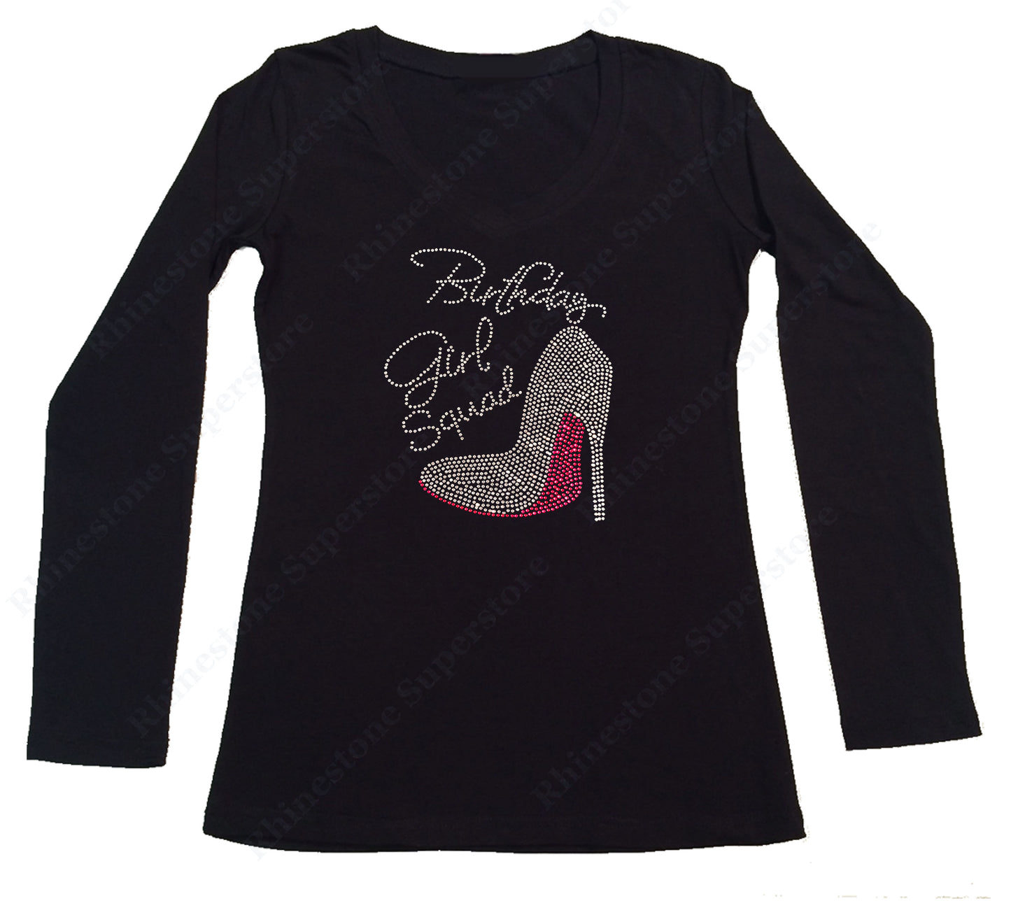 Womens T-shirt with Pink Birthday Girl Squad with Heel in Rhinestones